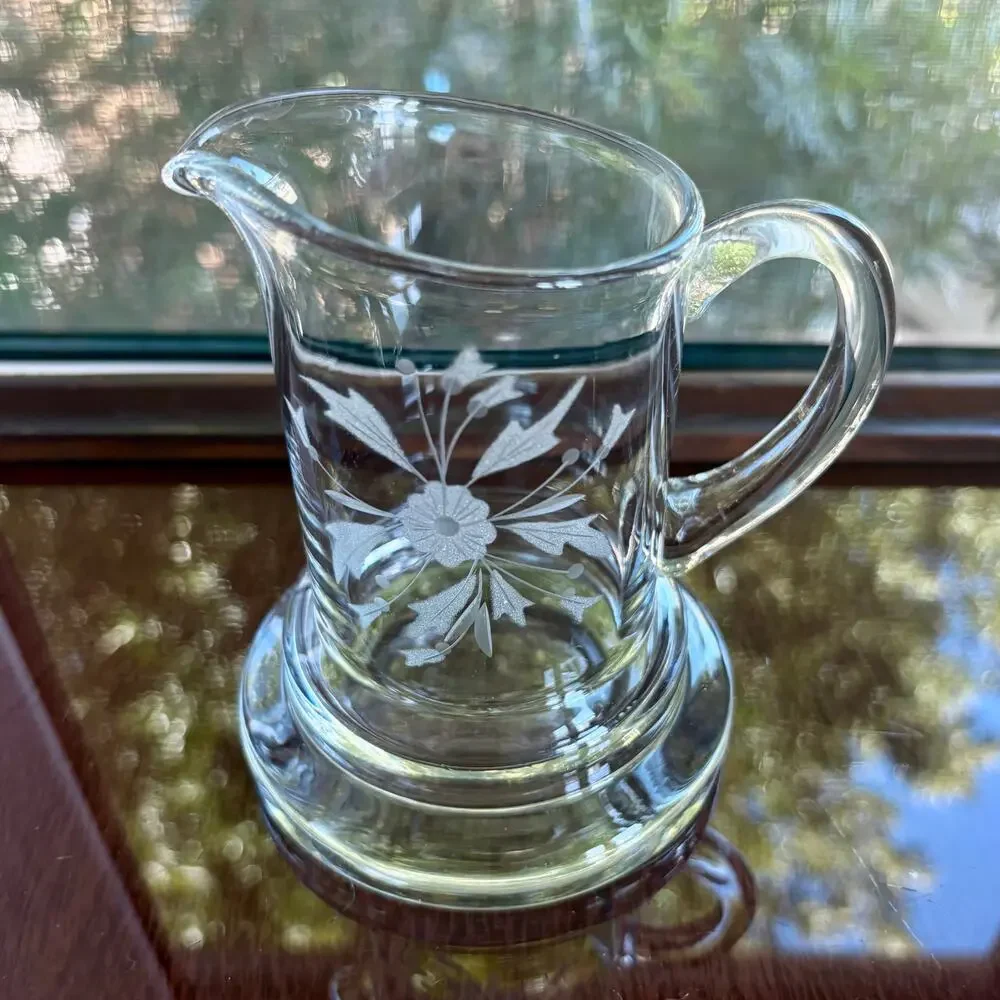 Vintage Etched Glass Creamer Pitcher Floral Clear Glass Cream Server